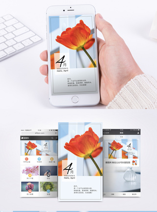 红色郁金香你好四月鲜花手机海报模板
