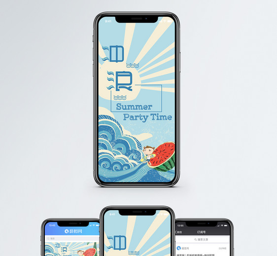 手绘卡通夏季冲浪小孩手机海报配图图片