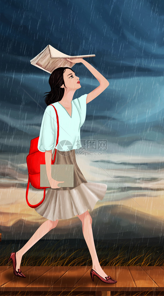 女孩躲雨手机壁纸图片