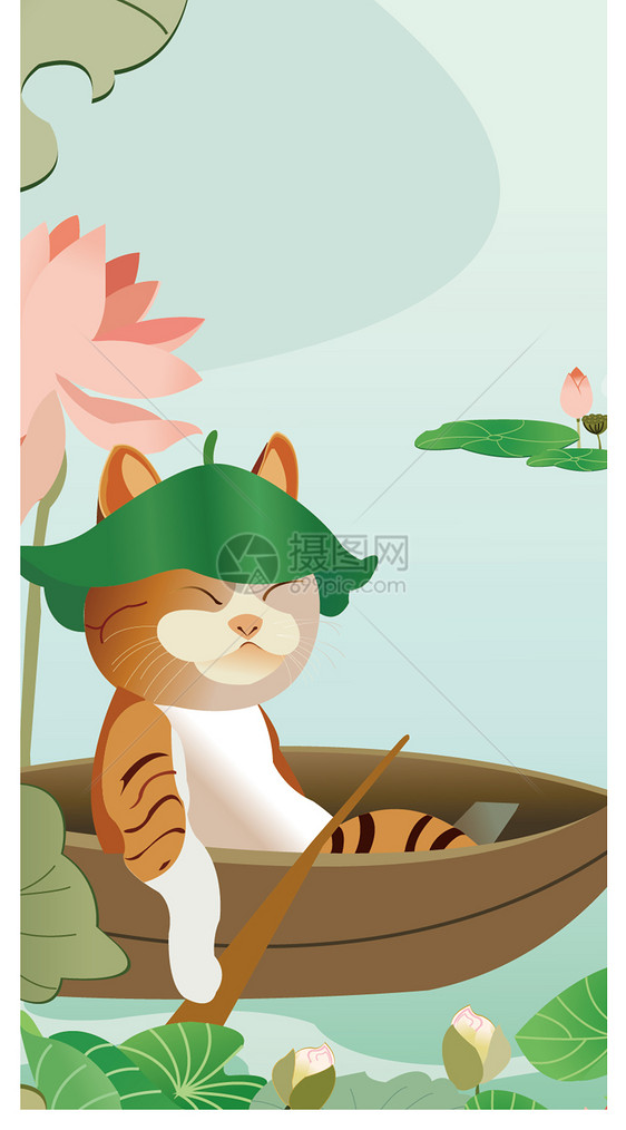 荷花池船上的猫图片