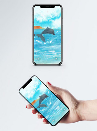 蔚蓝的大海海豚插画手机壁纸模板
