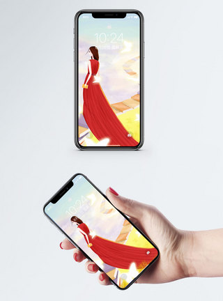 红裙模特卡通女孩手机壁纸模板