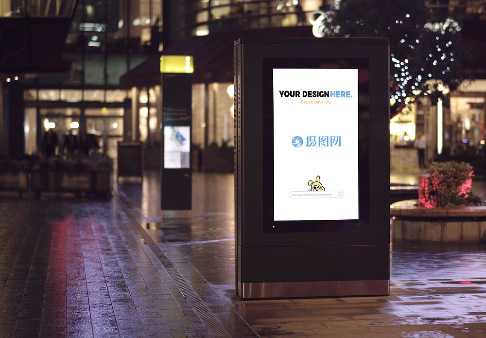 室外视角夜景下马路旁的广告牌模板