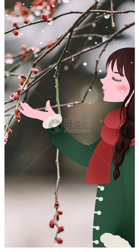 赏雪的少女手机壁纸图片