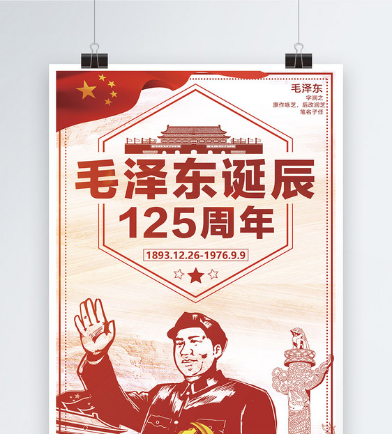 红色纪念毛泽东主席诞辰125周年海报图片