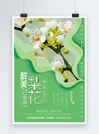 白色花瓣背景绿色清新剪纸风醉美梨花春季赏花促销海报模板