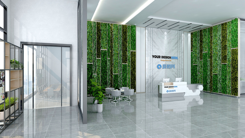 星级酒店休息区图片酒店前台样机logo形象墙模板