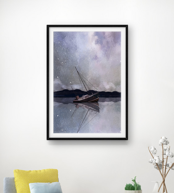 大气星空帆船装饰画图片