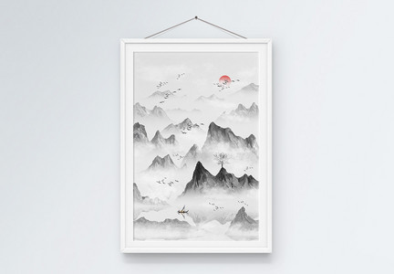 新中式手绘意境山水画装饰画图片
