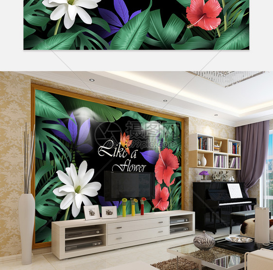 复古艳丽大花植物系背景墙图片