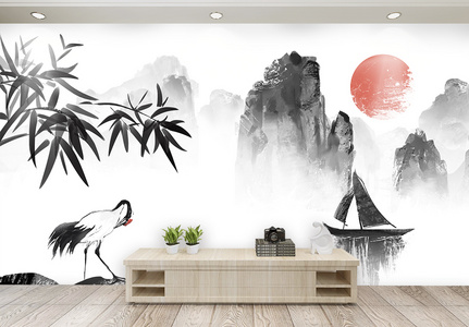 中国风水墨山水大气中式电视背景墙图片