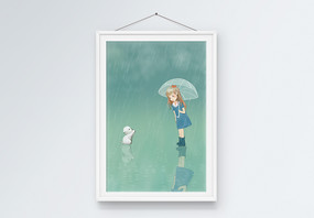 清新安静雨天猫咪女孩挂墙装饰画图片