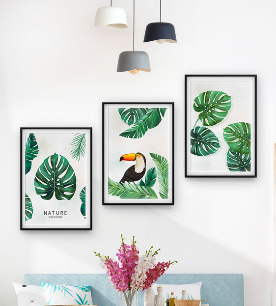北欧简约手绘热带植物火烈鸟装饰画图片