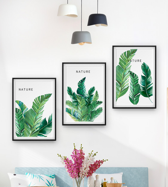 北欧风格小清新手绘绿色植物三联装饰画图片
