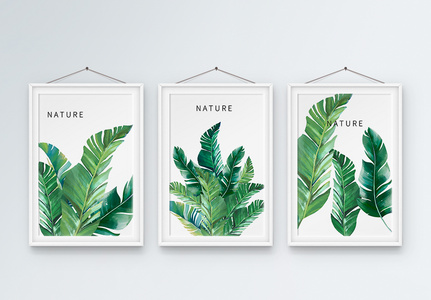 北欧风格小清新手绘绿色植物三联装饰画高清图片