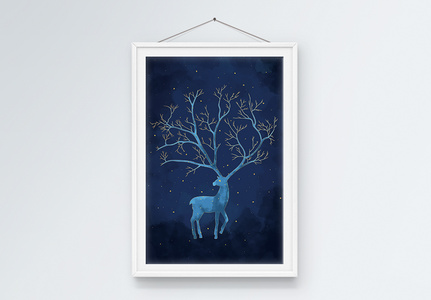 蓝色系灵性小鹿装饰挂画装饰画图片