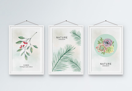 北欧手绘花卉树叶装饰三联画图片