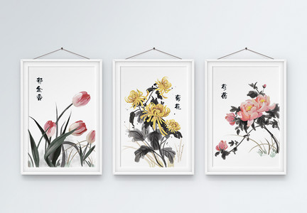 中国国画花卉植物三联框装饰画图片
