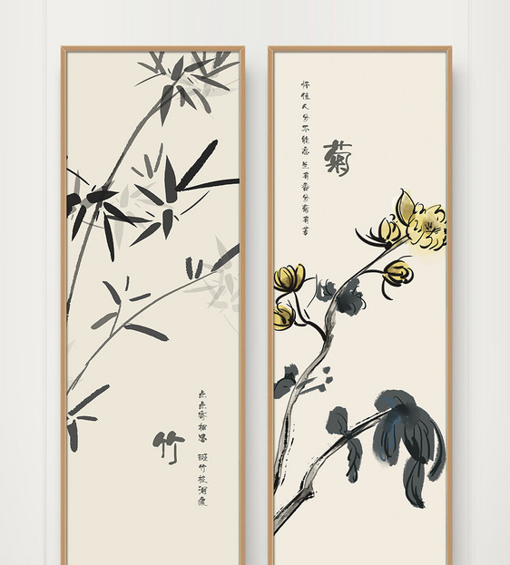 中国风典雅植物长版双联图装饰画图片