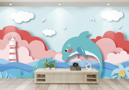 卡通可爱海边鲸鱼儿童房背景墙高清图片