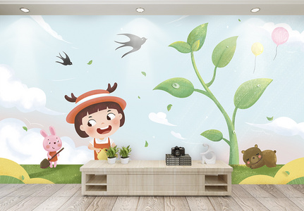 卡通可爱手绘儿童房背景墙图片