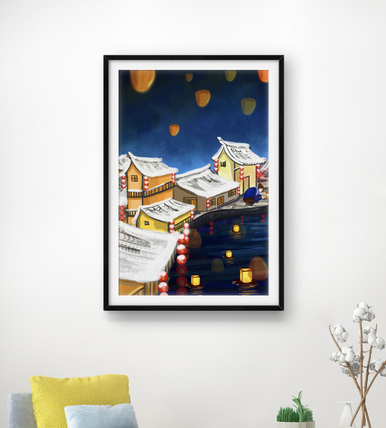 冬季雪景建筑客厅装饰画图片