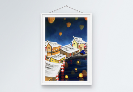 冬季雪景建筑客厅装饰画图片