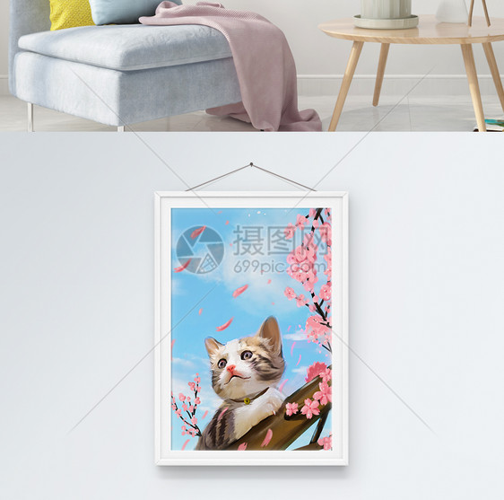 简约北欧风猫咪花丛蓝天庆祝装饰画图片