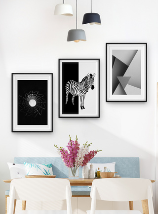 黑白抽象艺术抽象艺术斑马三联框装饰画模板