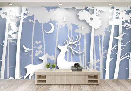 剪纸风森林鹿客厅背景墙图片