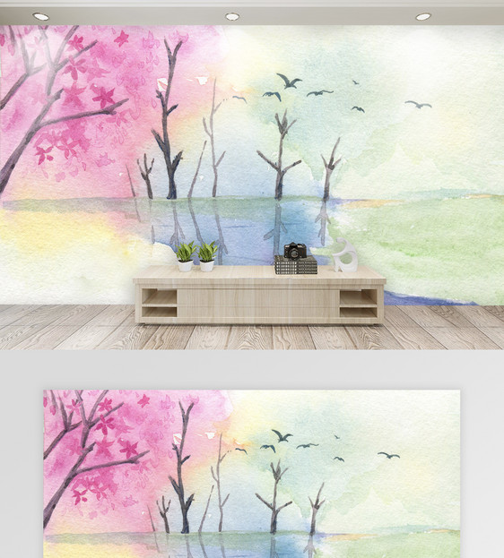 水彩风景画背景客厅背景墙图片