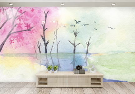 水彩风景画背景客厅背景墙图片