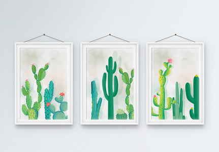 北欧风水彩植物装饰三联框高清图片