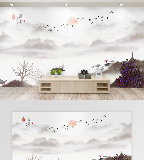 中国风山水水墨画背景墙图片