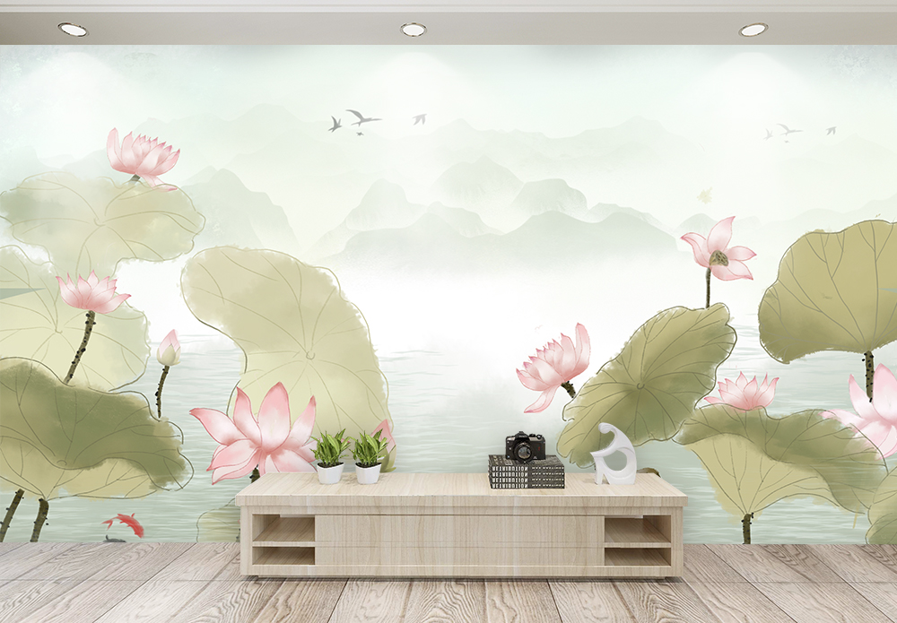 中式古典荷塘月色电视背景墙图片素材