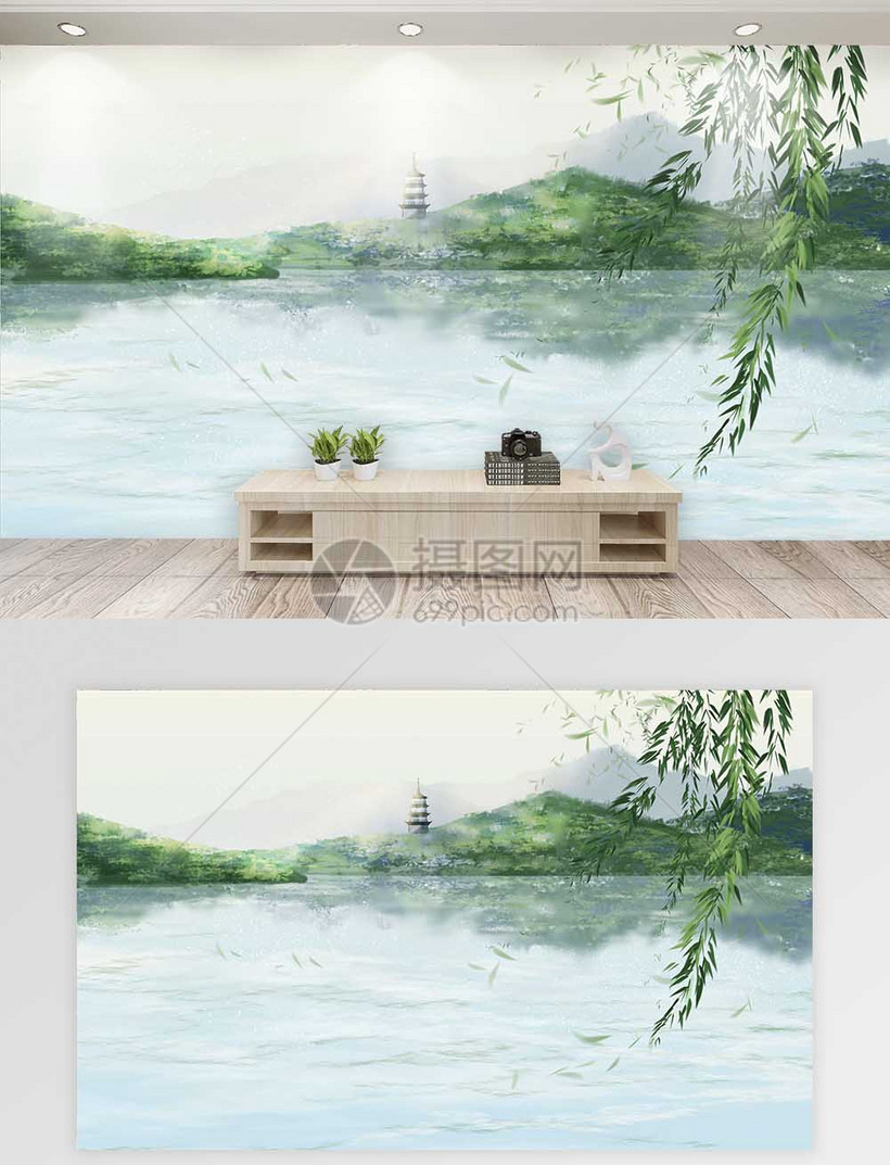 西湖雷峰塔绿色风景背景墙模板素材 正版图片 摄图网