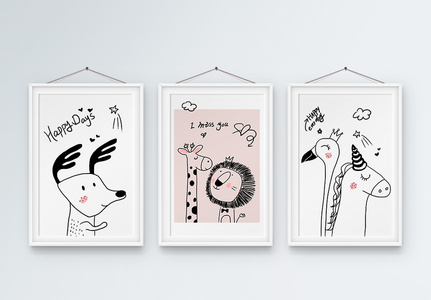 北欧萌系可爱卡通儿童房装饰画三联框图片