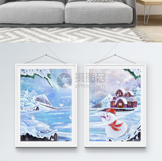 唯美雪景二联框装饰画图片