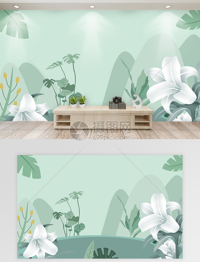 百合花开小清新插画背景墙模板素材 正版图片 摄图网
