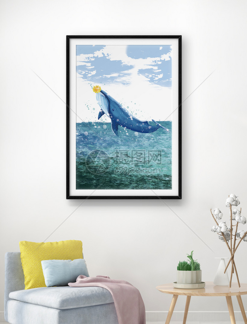 手绘大海鲸鱼跳跃浪花油画客厅装饰画模板素材 正版图片 摄图网
