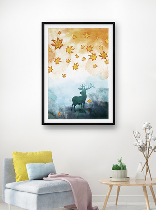 手绘抽象水墨小黄花麋鹿客厅装饰画图片