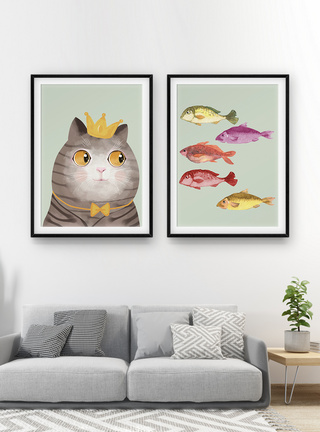 卡通猫咪简洁大方时尚简约猫吃鱼女王猫和鱼群装饰画模板