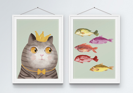 简洁大方时尚简约猫吃鱼女王猫和鱼群装饰画高清图片