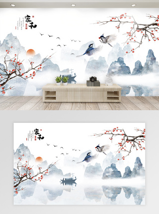 背景图简约小清新中国风山水背景墙模板模板