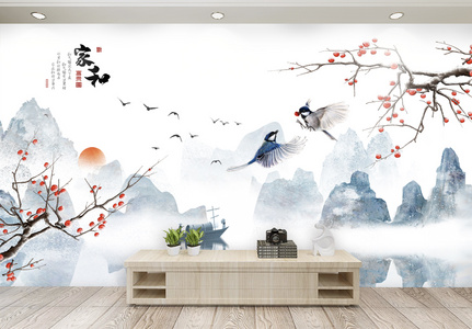 小清新中国风山水背景墙模板高清图片