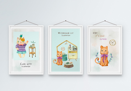 北欧简约手绘卡通可爱猫咪动物儿童房装饰画三联框图片