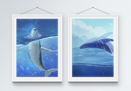 蓝色鲸鱼二联框装饰画图片