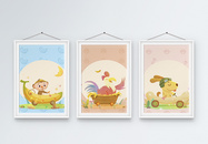 可爱儿童房动物三联框装饰画图片