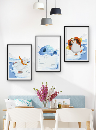 企鹅游泳清新可爱冰屋三联框装饰画模板