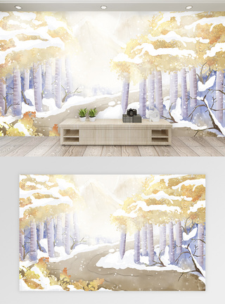 古风树林雪景背景墙图片